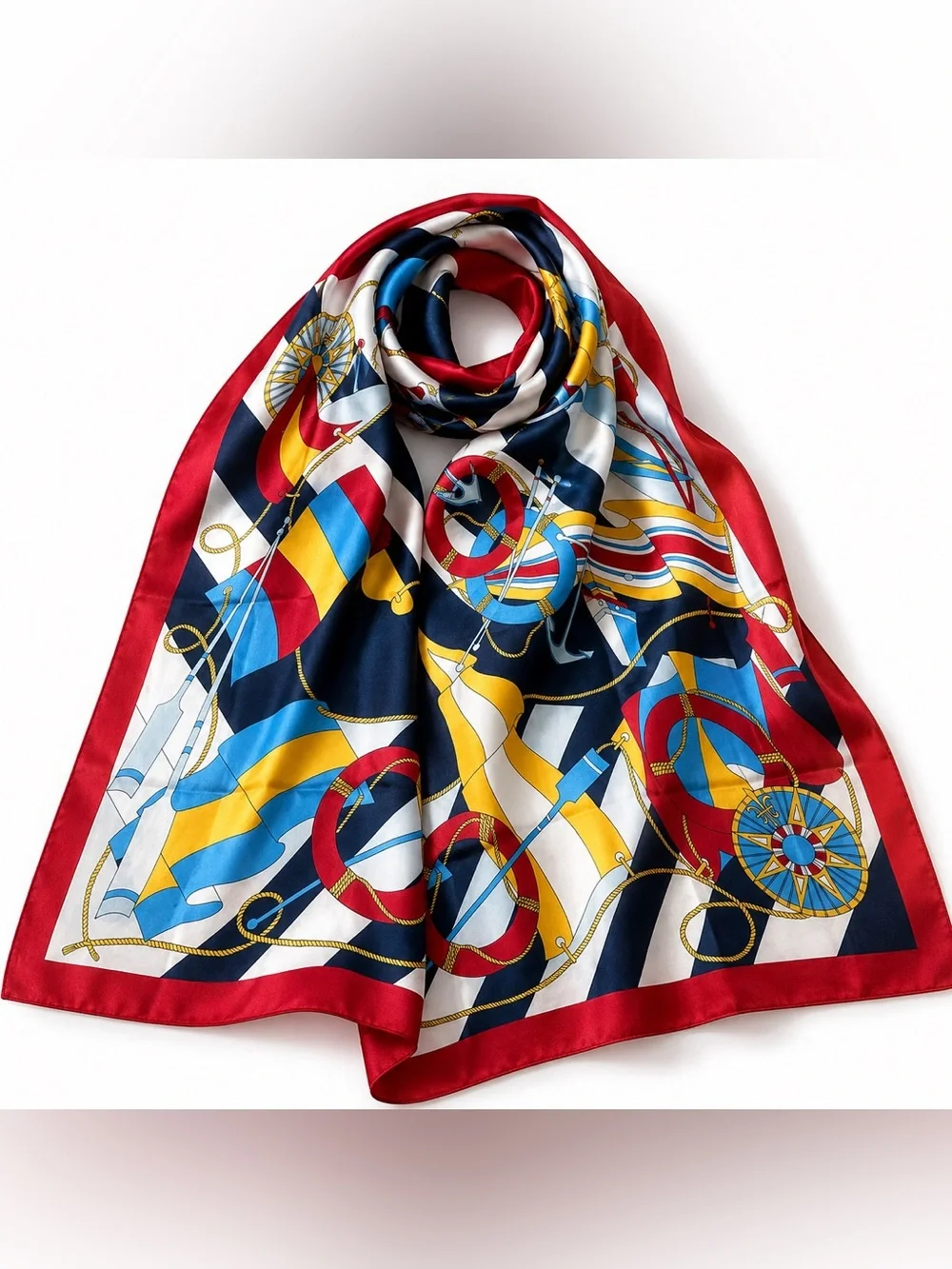 Silk-Feel Nautical Print Scarf in Red, Blue & Yellow